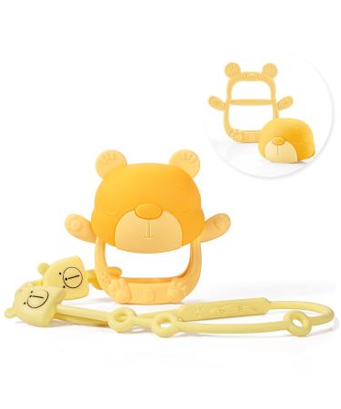 Yeivzwba Teething Toys for Babies 0-6 Months Silicone Baby Wrist Teether&Pacifier Clips Set Baby Teething Toy BPA Free Anti-Dropping Baby Teether Chew Toys (Bear Yellow)