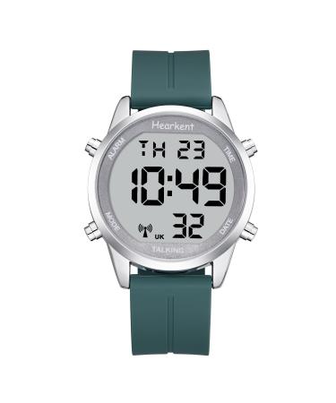 Hearkent Atomic Digital Talking Watch British English Speaking Pleasant Voice Big Numbers Radio-conrtolled Watch for Elderly Or Blind People Silicone Green