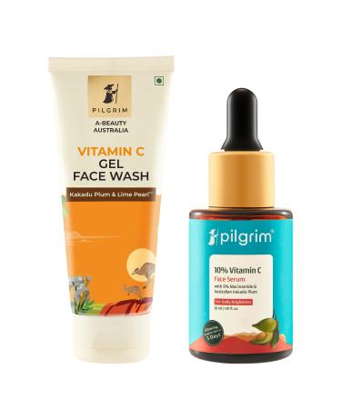 Pilgrim Vitamin C combo: 10% Vitamin C Serum (30ml) & Australian Kakadu Plum Gel Face Wash (100ml) | Glowing skin | Reduces Dark Spots | Evens Skin Tone & Enhances Glow