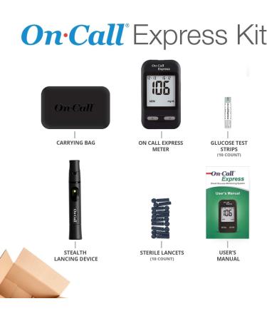On Call Express Diabetes Testing Kit with Blood Glucose Meter, Test Strips, Lancing Device, Lancets, Control Solution, Carry Case, Log Book - Black - Buy Online on GoSupps.com