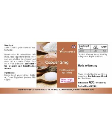 High-Dose Vegan Copper Tablets 2mg - 180 Count 6-Month Supply | Vitamintrend - Premium Copper Supplement - Buy Online on GoSupps.com