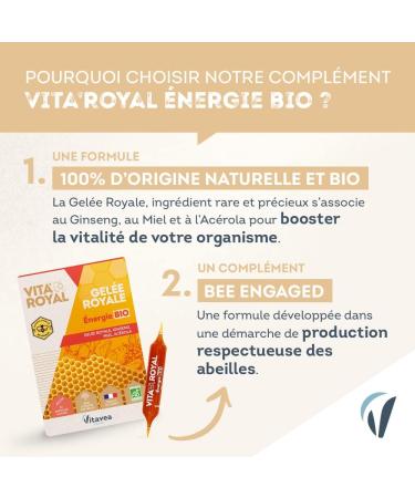 Vitavea - Vita'Royal BIO Energy - Fatigue reduction Natural defenses Natural Benefits of the Hive - Royal Jelly Ginseng Honey Acerola - 10 ampoules - Made in France - Buy Online on GoSupps.com