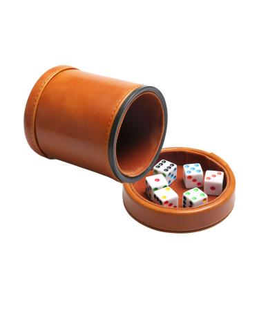 PU Leather Dice Cup with Lid/ Cap, Felt-Lined Dice Shaker Includes 6 Six-Sided Dice for Liars Dice/ Farkle/ Yahtzee/ Board Games Brown#2