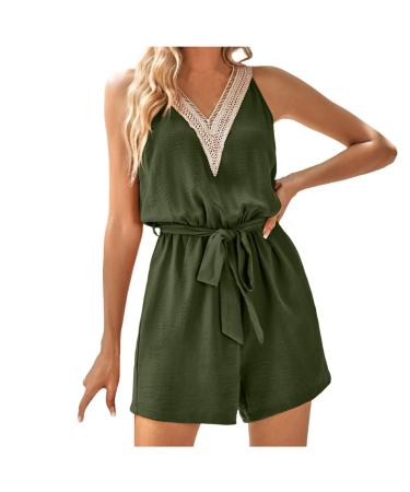 Women jumpsuit V-neck sleeves sleeves steered buttons tropical wide leg short playsuit with shoulder tie circular excerpt summer loose pants suit fitness jumpsuit backfree workout romper green l