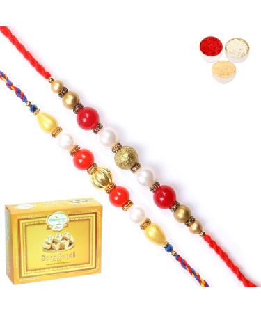 Ghasitaram Gifts Rakhi for Brother Rakhis Online - Set of 2 7615 7622 Pearl Rakhis with 200 GMS of Soan Papdi