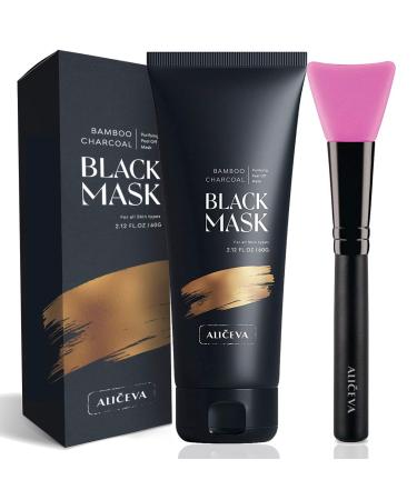 Aliceva Black Mask  Blackhead Remover Mask  Charcoal Peel Off Mask  Charcoal Mask  Charcoal Face Mask for All Skin Types with Brush - 2.12 FL.OZ / 60G