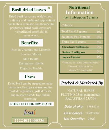 Organic Basil Leaves Non- Gmo Kosher Certified Culinary Herb Dry Ocimum 100% Organic (50 Grams) - Buy Online on GoSupps.com