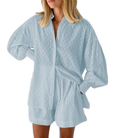 Fixmatti 2-Piece Casual Outfit Set | Long Sleeve Button Down Shirt & Shorts | Light Blue | Medium - Buy Online on GoSupps.com