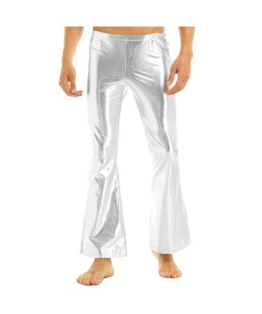 inhzoy Men's Shiny Metallic Fashion Dance Pants Holographic Disco Flared Pants Bell Bottom Trousers Silver Medium
