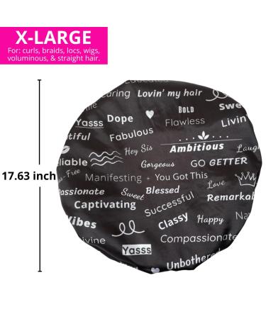 Extra Large Black Satin-Lined Shower Cap with Reversible Bonnet | Waterproof & Adjustable Strap | Reusable & Washable | Positive Affirmations for Women - Buy Online on GoSupps.com