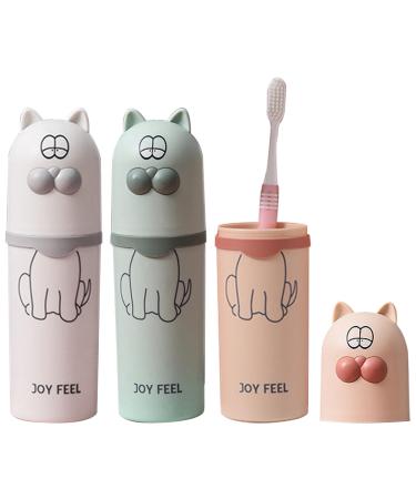 3 pieces of toothbrush cup children toothbrushes etui caricature cat animal toothbrush cup set toothbrush holder travel personalized for young girls travel camping school at home (white green pink)