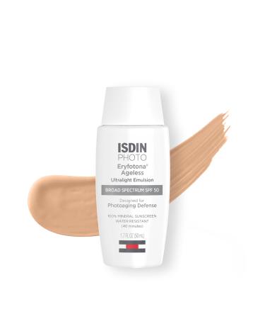 ISDIN Eryfotona Ageless Tinted Mineral Sunscreen for Face SPF 50 Zinc Oxide Formula Helps Repair Sun Damage 1.7 Fl.Oz. Travel-Size Tube Water Resistant and Non-comedogenic