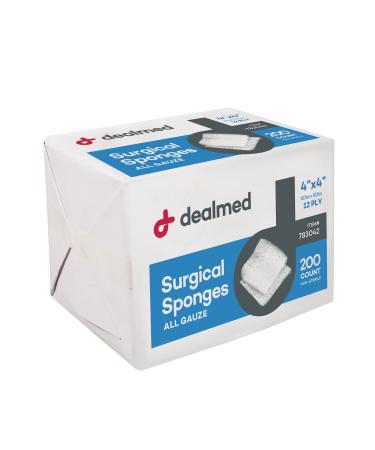 Dealmed Surgical Sponges  200 Count, 8-Ply, 4" x 4" Surgical Gauze Pads, One Package, Highly Absorbent Gauze Sponges, Wound Care Product for First Aid Kit and Medical Facilities 4 x 4 200 Count