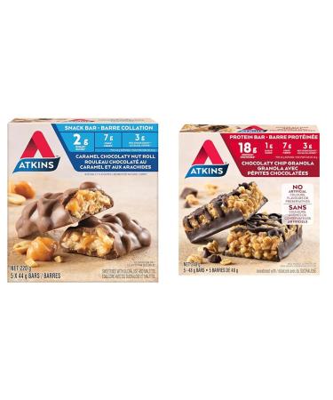 Atkins Snack Bars - Caramel Chocolaty Nut Roll Low Sugar High Fibre 2g Sugar 3g Carbs 5ct & Protein Bars - Chocolaty Chip Granola Low Sugar High Protein High Fibre 1g Sugar 3g Carbs 5ct Caramel Chocolaty Nut Roll + Protein Bars