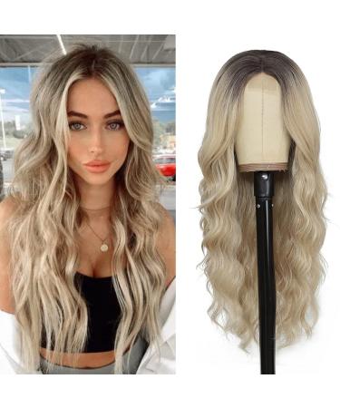 HMHIFI Long Blonde Wavy Wig for Women 26 Inch Curly Middle Part Lace Wig Natural Looking Upgraded Protein Fiber Hair Replacement Wig Cosplay Costume Halloween Wig(26'' Ombre Blonde)