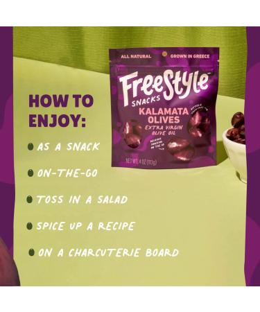 Freestyle Snacks Olive Snack Packs - Fresh Pitted Kalamata Olives Marinated in Extra Virgin Olive Oil - All Natural, Non-GMO, Paleo, Keto Snacks from Greece - Salty 4oz (3 Pack) - Buy Online on GoSupps.com