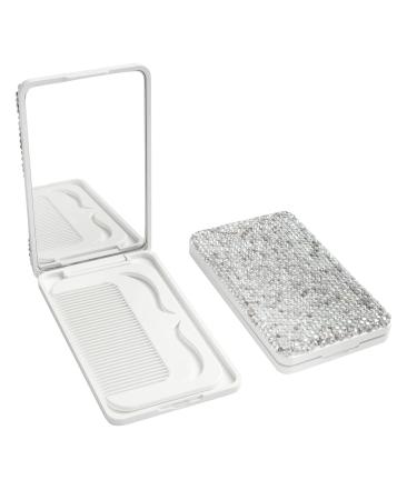 Wowagoga Mini Sparkling Rhinestone Rectangular Shaped Travel Magnifying Mirror with Small Combs  Small Pocket Mirror Compact Mirror Handbag Mirror for Women Girls Daily Use (Sliver)