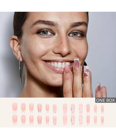 PLCPDM False s Flower Full Cover Tips French White Tip Stick On Rhinestones Press On for Women 1 set 1 box - Buy Online on GoSupps.com
