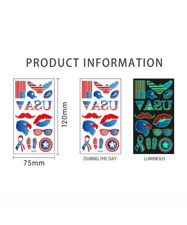 Independence Day Luminous Temporary Tattoos - 10 Sheets Glow in the Dark Stickers for July 4th Celebration - Men, Women, Kids Fake Body Art - Buy Online on GoSupps.com