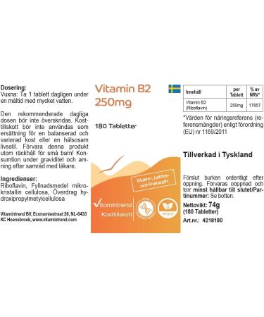 Vitamintrend Vitamine B2 Riboflavine 250mg 180 comprim s 250mg par comprim hautement dos compl ment alimentaire v g talien sans st arate de magn sium fabriqu en Allemagne - Buy Online on GoSupps.com
