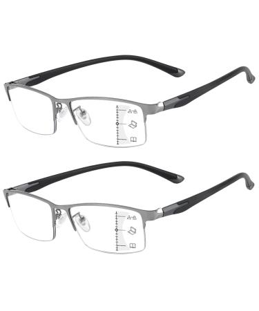 2 Pack Multifocus Progressive Reading Glasses for Men Blue Light Blocking TR90 Arm Metal Frame Multifocal Readers Grey Frame 1.5 x