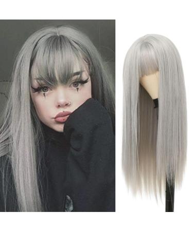 Siudus Women Grey Straight Long Wig with Bangs Synthetic Heat Resistant Fiber Wig for Daily Cosplay Use - Buy Online on GoSupps.com