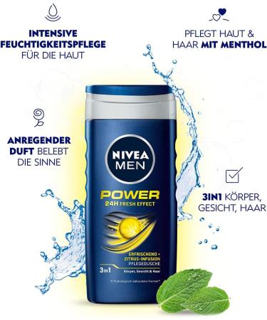 Nivea - Shower Gel For Men Power Fresh - 250 ml Power Fresh Biodegradable Formula - Buy Online on GoSupps.com