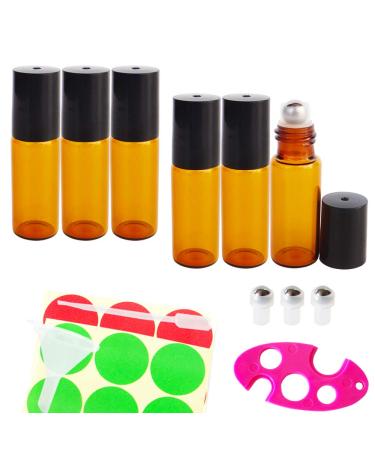 Greatforu roll on glass bottles for essential oil glass roller refillable container for oils aromatherapy fragrance with bottle opener and glass attachment 5ml ideal for at home and travel (6 pieces) 5ml brown