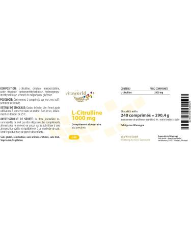 Vita World L-Citrulline 1000 mg High Dosed 240 Tablets Vegetarian tablet high bioavailability - Buy Online on GoSupps.com