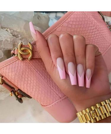 Yheakne artificial fingernails V-shape for plug in shiny French ballerina ombr -n gel full cover artificial nails for women and girls 24 pieces (pink lace) pink lace