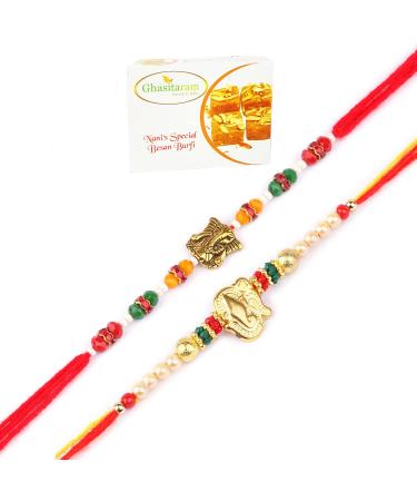Ghasitaram Gifts Rakhi for Brother Rakhis Online - Set of 2-6971 and R-2110 Rakhi Threads with 200 GMS of Besan Barfi
