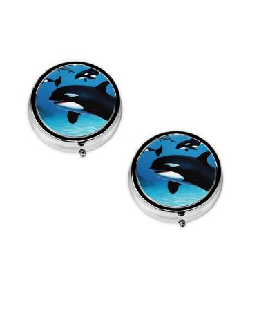 (Killer Whales Swim Along) Round Pill Box 3 Compartment Pill Box Mini Decorative Pocket Purse Portable Travel Medicine Tablet Vitamin Holder Organizer Pill Case