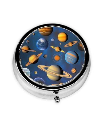 Solar System Planets Portable Metal Pill Box Round Mini 3-Compartment Plastic Insert hinged Fastening Design Suitable for Small Pills Must-Have for Travel Black