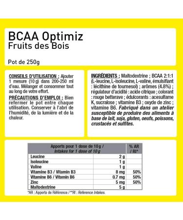 BCAA OPTIMIZ Amino Acids BCAA 2.1.1 Enriched with Vitamin B + Zinc Helps Reduce Fatigue 250 g French Laboratory Eric Favre Fruits des Bois - Buy Online on GoSupps.com