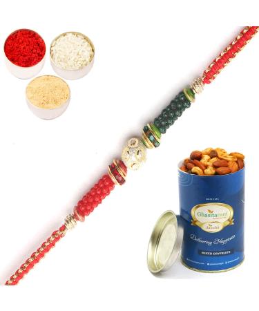 Ghasitaram Gifts Rakhi for Brother Rakhis Online- 4211 Fancy Thread Rakhi with 100 GMS of Dryfruits Mix Can Rakhi Set with 100 gms of Dryfruits Mix Can