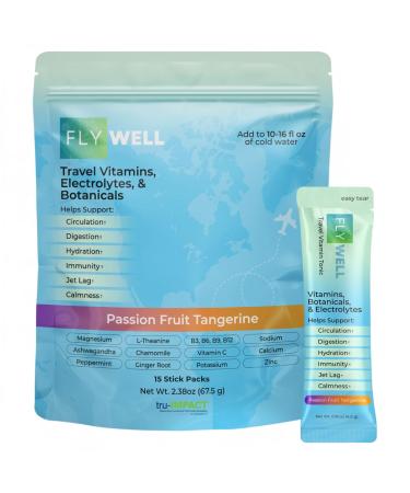 Travel Vitamin Tonic for Flight Jet Lag Hydration Circulation Digestion & Immune Support Promotes Calmness Electrolyte Powder Travel Essentials Passion Fruit Tangerine 15 Sticks
