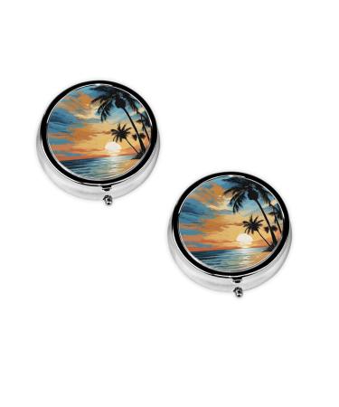 (Tropical Sunset) Round Pill Box 3 Compartment Pill Box Mini Decorative Pocket Purse Portable Travel Medicine Tablet Vitamin Holder Organizer Pill Case