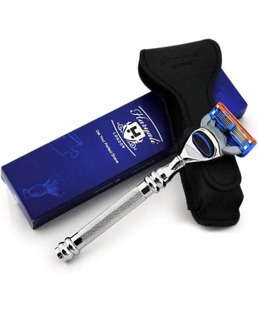 Premium stainless steel 5-edge cassette shaver knife & real leather protective cover |Men's wet shaving classics |Care must-have perfect for on the go
