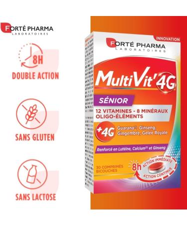 Fort Pharma - Multivit' 4G Senior | Food Supplement Form Tonus - Vitamins Minerals - Ginseng Luthein and Calcium - Energy Sight & Eyestrain | 30 Bi-Layer Tablets - Buy Online on GoSupps.com