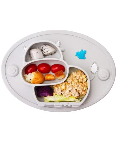 Silicone Divided Toddler Plates - Portable Non Slip Suction Plates Placemat for Children Babies and Kids BPA Free Baby Dinner Plate Bowl Cow-gray