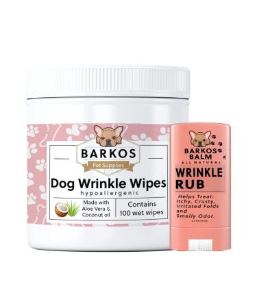 Wrinkle Wipes + Wrinkle Balm For Dogs | Bulldog, French Bulldog, Pug, English Bulldog | Cleans & Soothes Wrinkles, Folds, Tear Stain, Tail Pockets & Paws, Anti-Itch | 100 Soft Cotton Pads