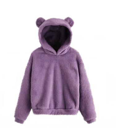 Women Plus Size Fleece Cat Ear Hooded Tops Cute Blouse Fashion Hooded Pullover Autumn Coat Purple Medium