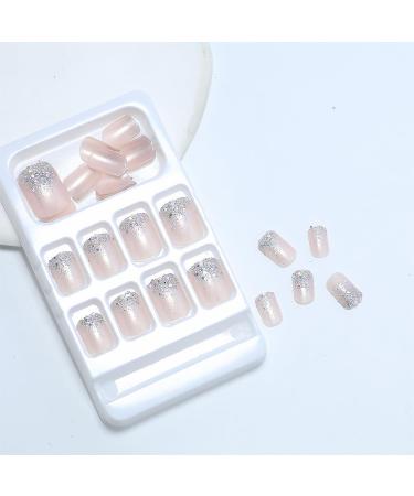 Buy 24pcs Glitter Powder Press on Nails - Short Square False Nails with Silver White French Tip - Full Cover Acrylic Nails for Women & Girls - Buy Online on GoSupps.com