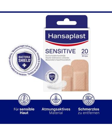 Hansaplast Sensitive Skin Tone Plaster Light - 20 Hypoallergenic Strips with Bacteria Shield - Skin-Friendly & Painless Wound Care - Buy Online on GoSupps.com