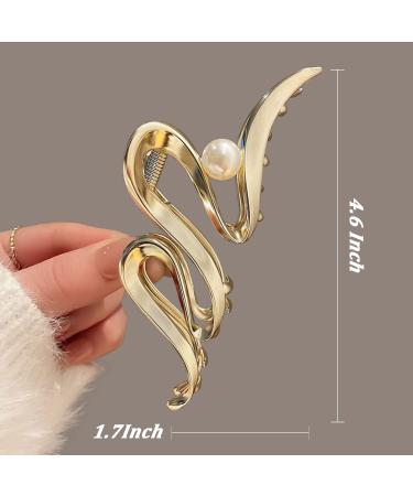 Gold Metallic Ribbon Pearl Hair Claw | Large Size, Strong Hold, Stylish Accessory for Women | 1Pc | Ideal for Thick & Thin Hair - Buy Online on GoSupps.com