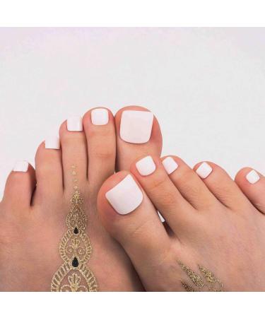 Mosako Glossy Press on Toenails Chic Solid Color Fake Toenails Short False Toenails Full Cover Nail Tip Foot Nails Square Clip on Toenails Beach Sand Feet Nails Top Coat Covered for Women and Girls 24Pcs (White)