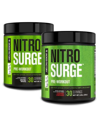 Jacked Factory NITROSURGE Pre Workout Supplement for Energy Instant Strength Gains Clear Focus & Intense Pumps (Arctic White 30 Servings & Cherry Limeade 30 Servings)