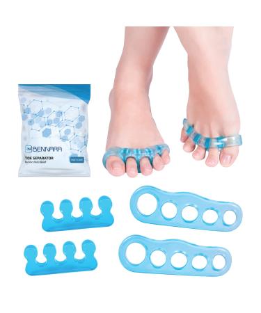 BENNARA Toe straightener. SET I: 2pc-Toe loop Separator & 2pc-Toe crown Separator for hammer toe overlapping toe pedicure yoga. Bunion Corrector for men and women. Blue (US shoe size 9.5 and below)