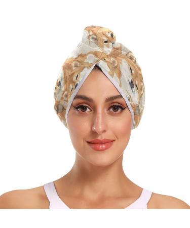 Small Yellow Dog Hair Towel 2 Pack Super Absorbent Hair Drying Towel Quick Dry Hair Turbans Head Towel with Button Twisty Wrap for Women Girls