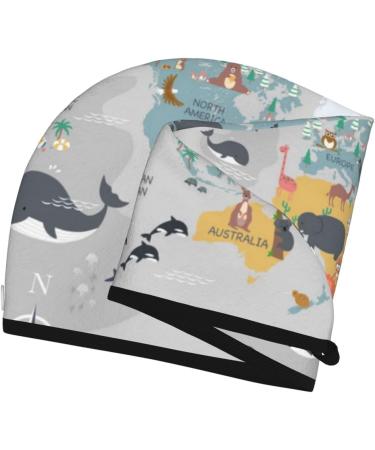 World Map Cartoon Animals Microfiber Hair Towel - Soft Super Absorbent & Quick Dry Hair Wrap for Long Curly & Thick Hair - Buy Online on GoSupps.com